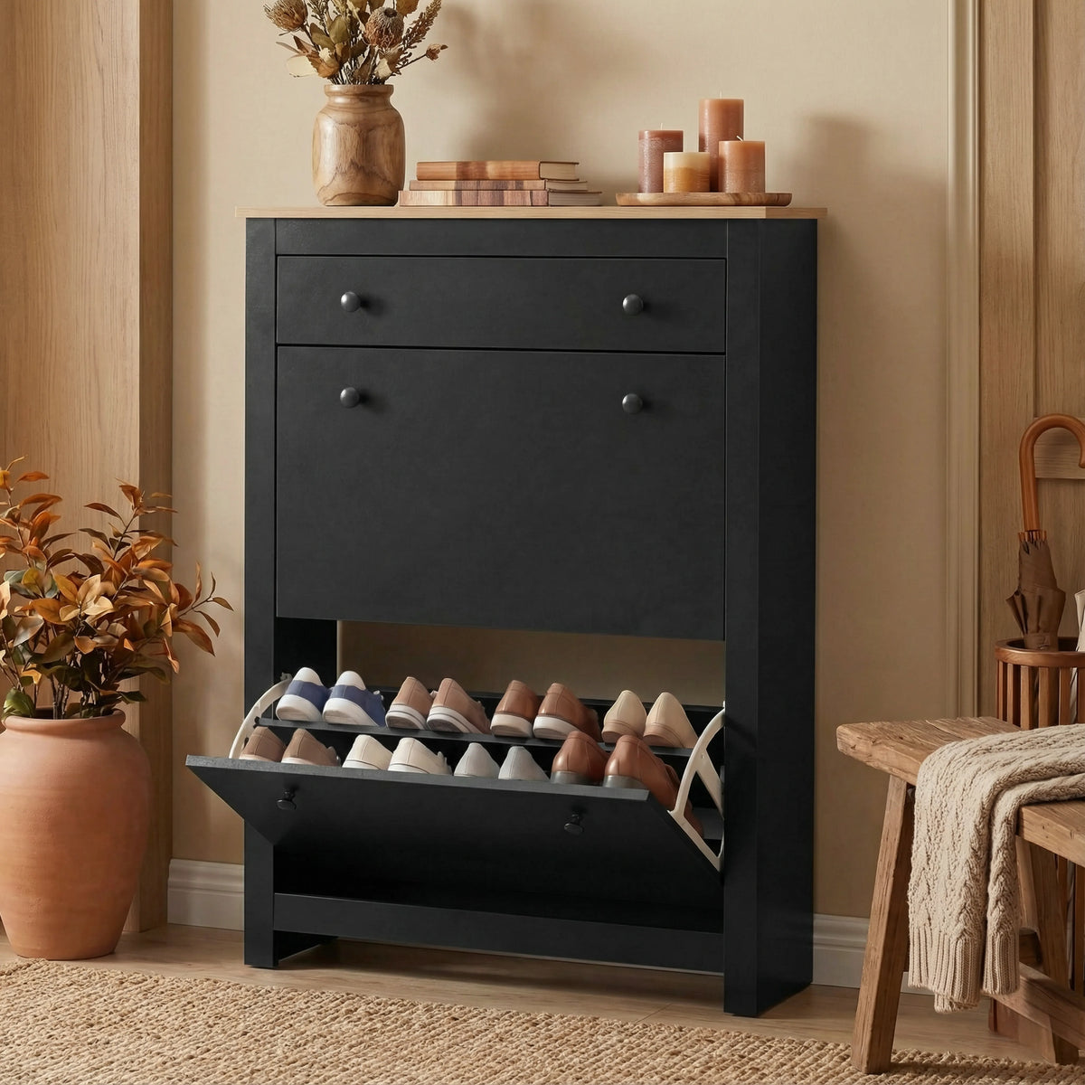 2 Door Shoe Cabinet with Drawer – Slim Hallway Storage Unit