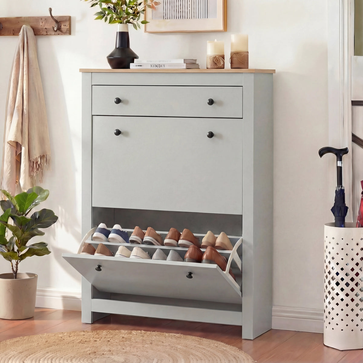 2 Door Shoe Cabinet with Drawer – Slim Hallway Storage Unit