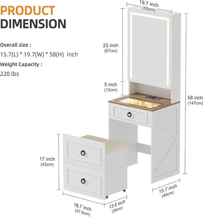 3 in 1 Small Vanity Desk with Lights Mirror and Charging Station