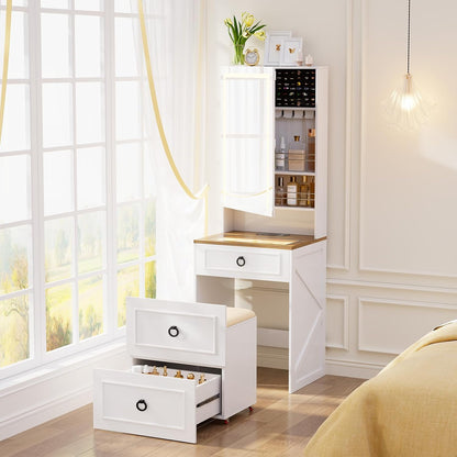 3 in 1 Small Vanity Desk with Lights Mirror and Charging Station