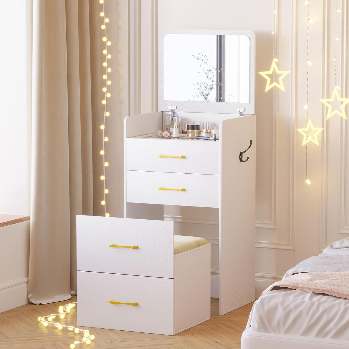 3 in 1 Small Vanity Desk with Lights Mirror and Charging Station