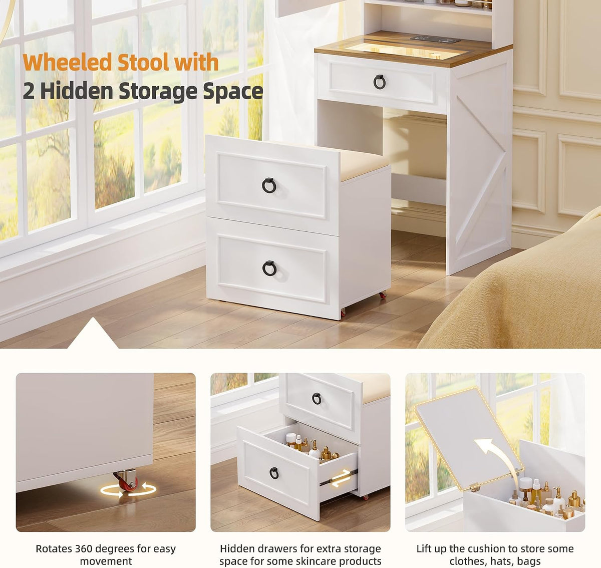 3 in 1 Small Vanity Desk with Lights Mirror and Charging Station