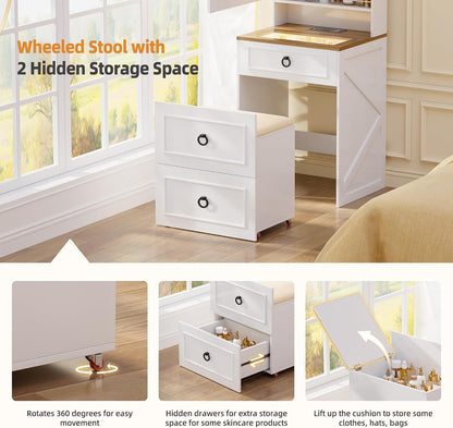3 in 1 Small Vanity Desk with Lights Mirror and Charging Station