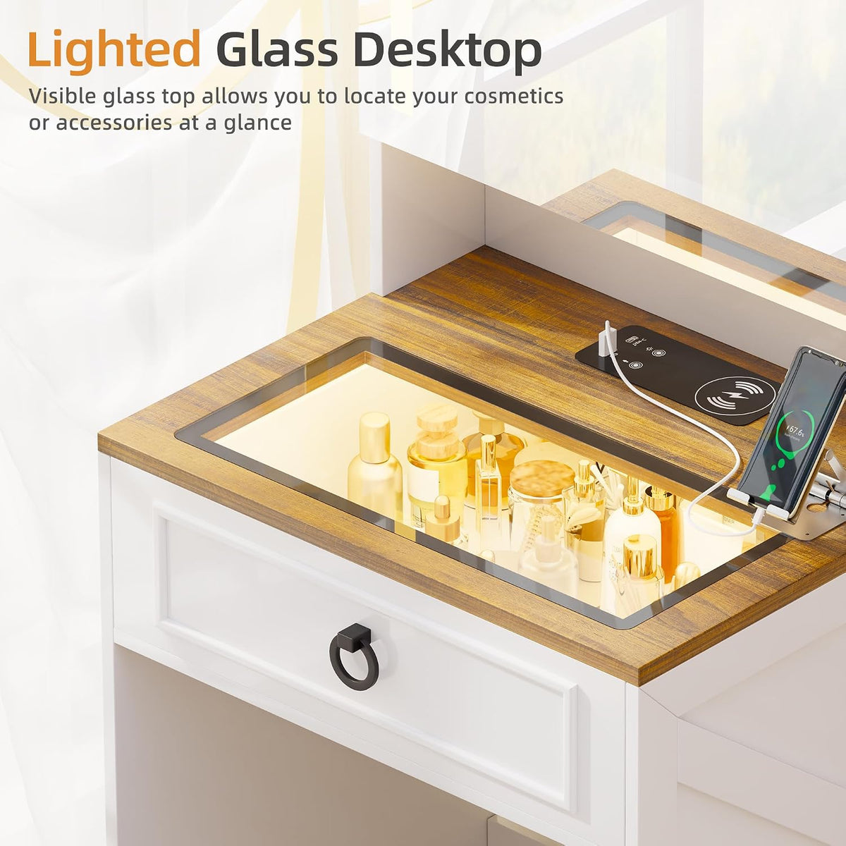 3 in 1 Small Vanity Desk with Lights Mirror and Charging Station