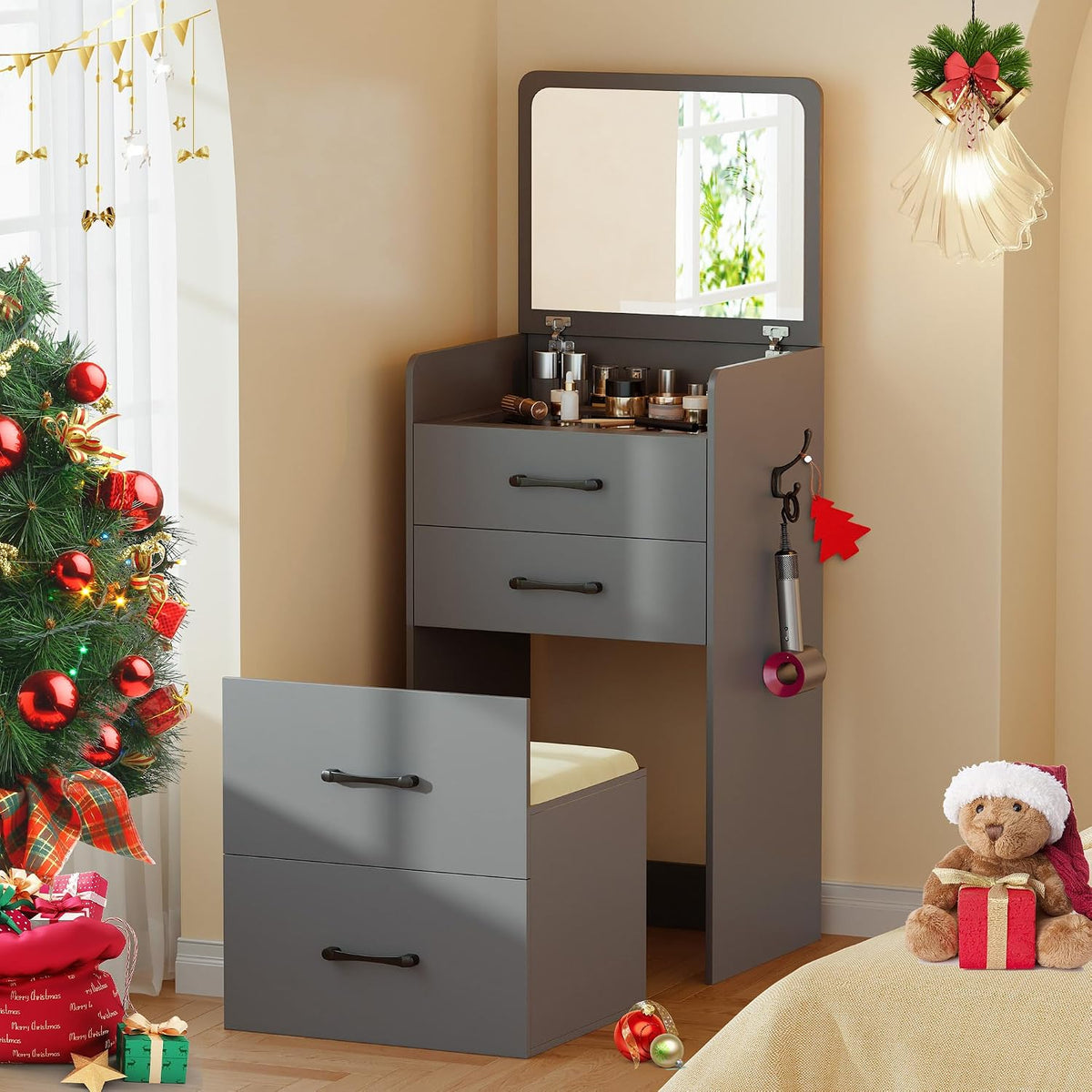 3 in 1 Small Vanity Desk with Lights Mirror and Charging Station