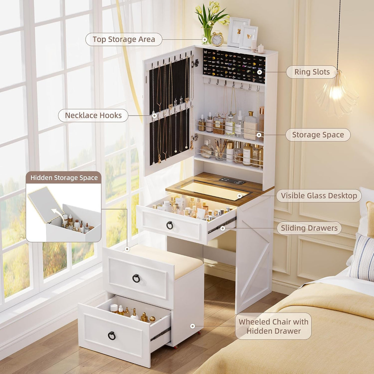 3 in 1 Small Vanity Desk with Lights Mirror and Charging Station