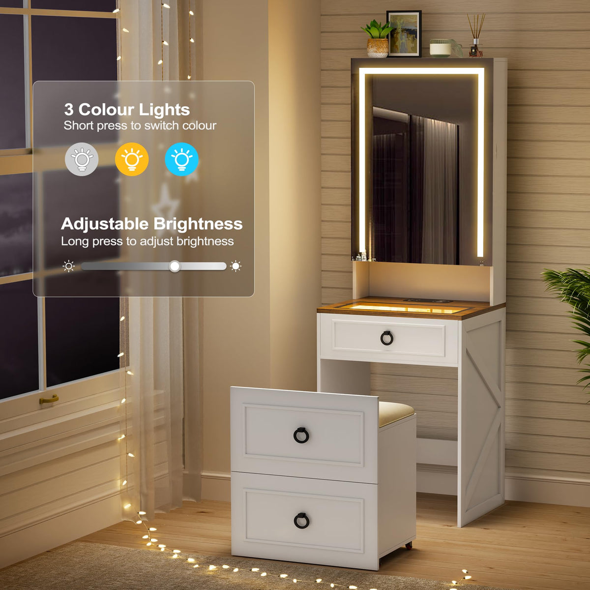 3-in-1 kaptafel met LED-spiegel en opbergkruk